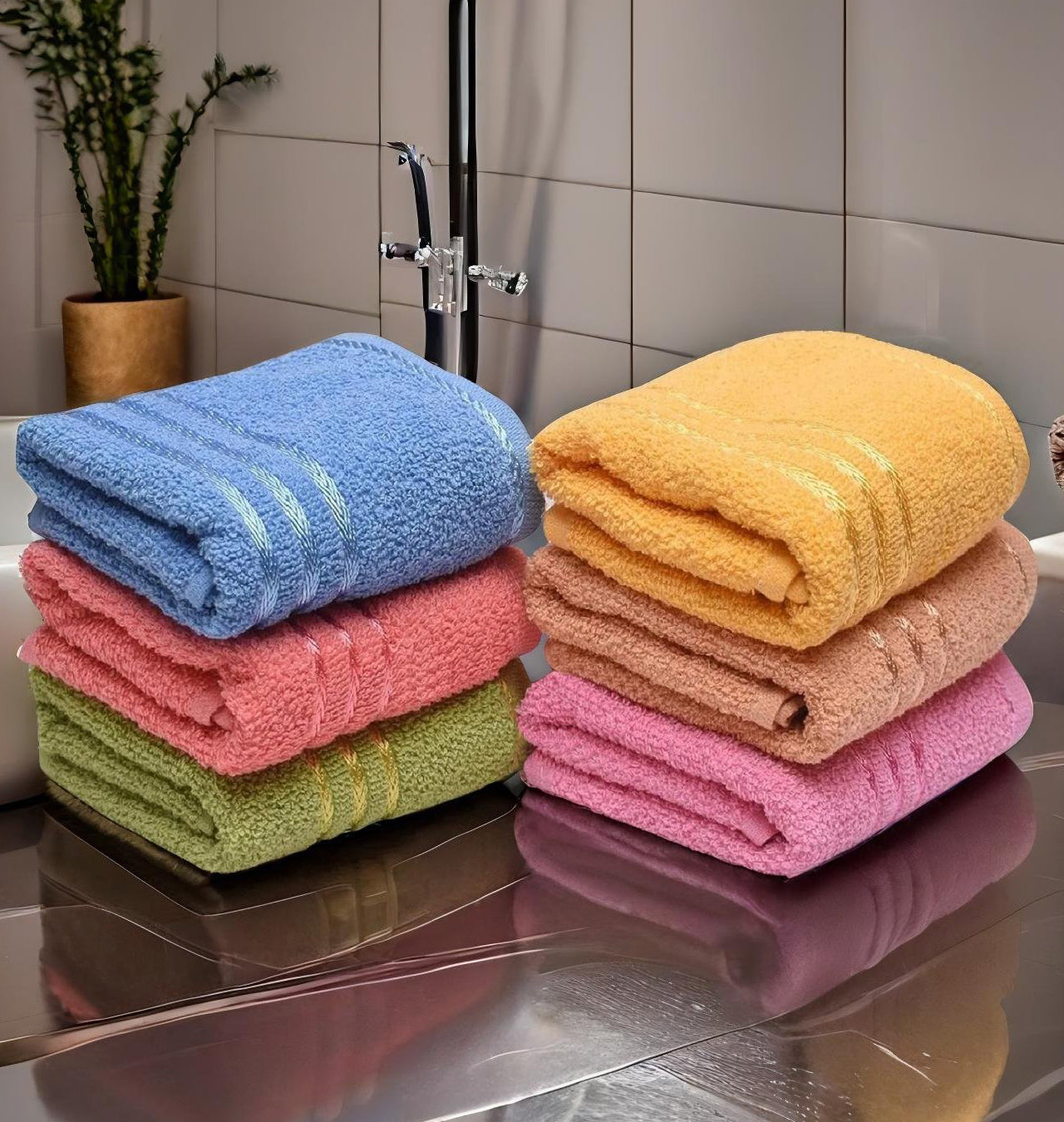 Weavers Villa Cotton 420 GSM Striped Soft Multicolour Face/Hand Towel - Set of 6 (33cm X 50cm)